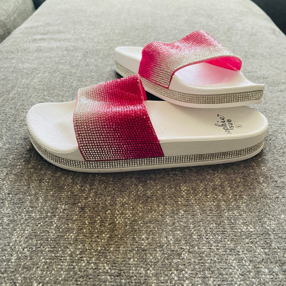 Sophie Sue Womens 9 Pink Rhinestone Platform Slide Sandals White Ombre Bling